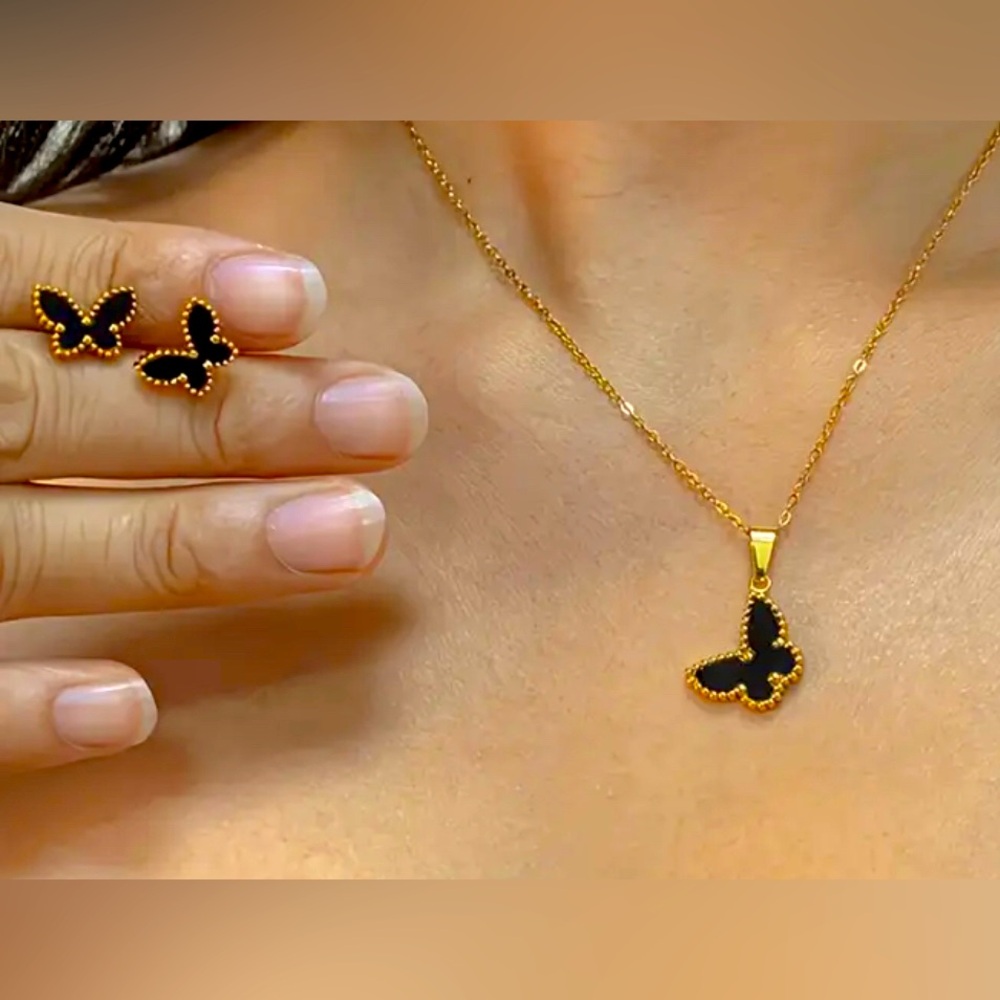 NWT 18k Gold plated sweet Black Butterfly Jewelry Set